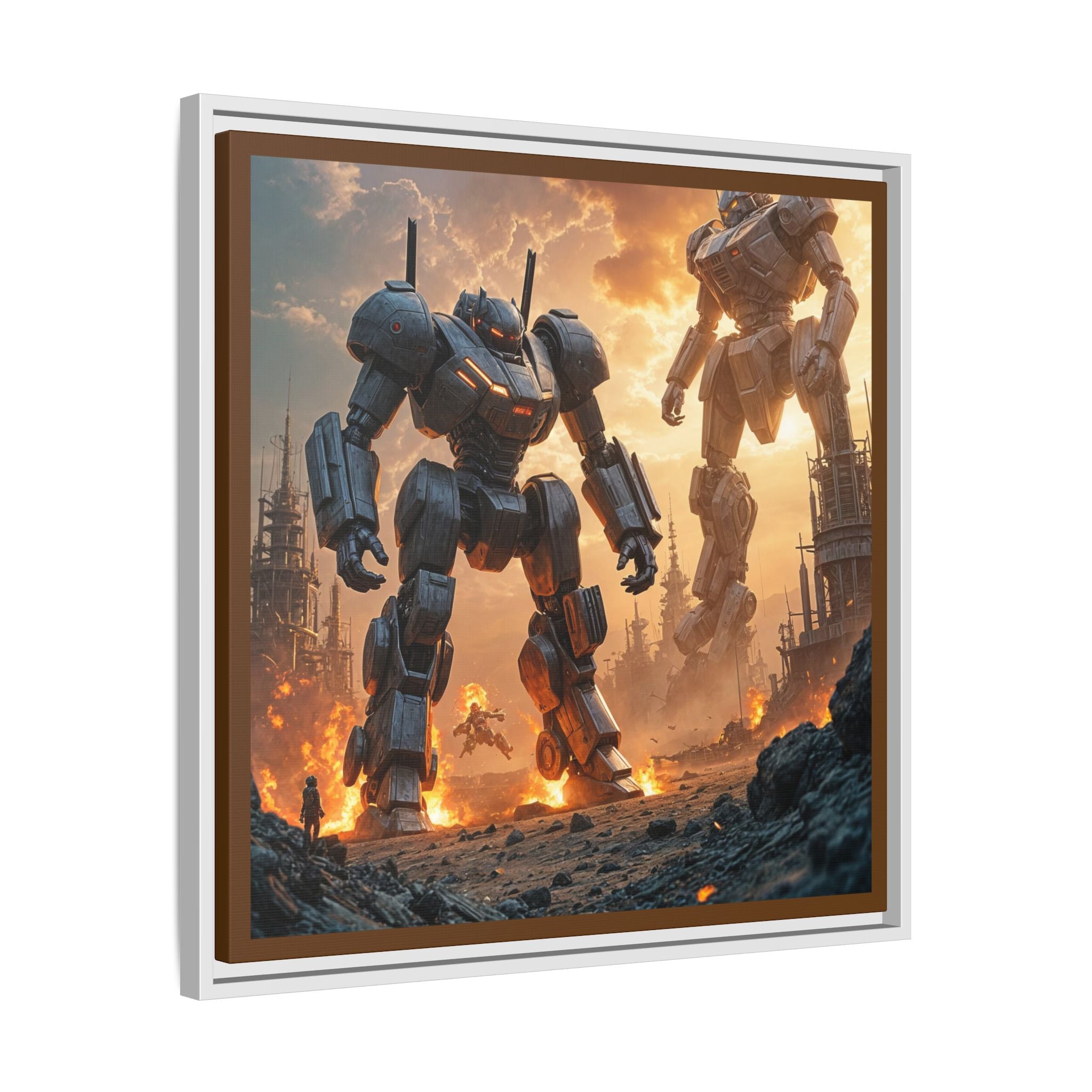 Framed Matte Canvas - Giant Mech Battle Scene Wall Art