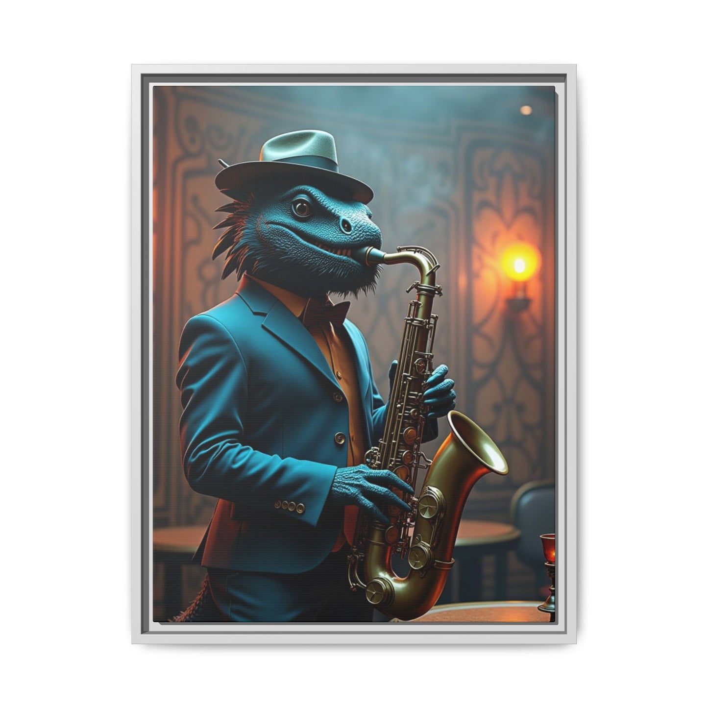 Bearded Dragon Playing the Saxophone Wall Artrt Print on Canvas, Framed (Multi-color)