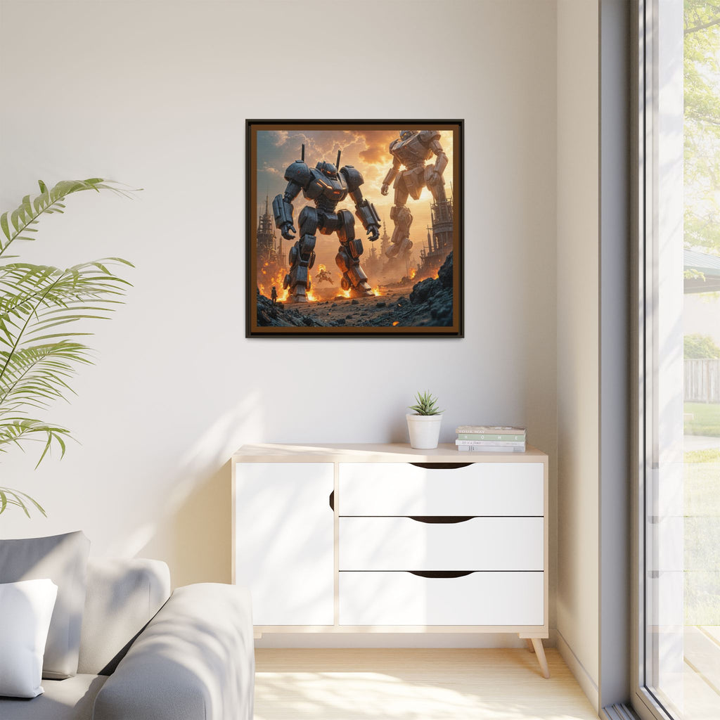 Framed Matte Canvas - Giant Mech Battle Scene Wall Art