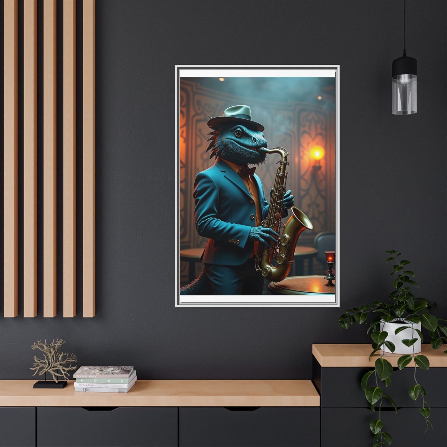 Bearded Dragon Playing the Saxophone Wall Artrt Print on Canvas, Framed (Multi-color)