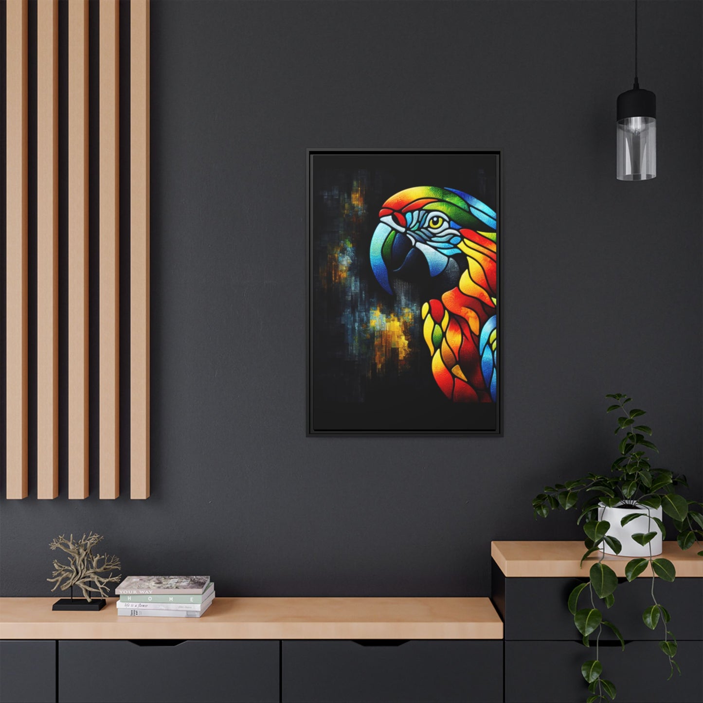 Framed Canvas Art Print, Regal and Rustic Parrot, Mosaic Style Art