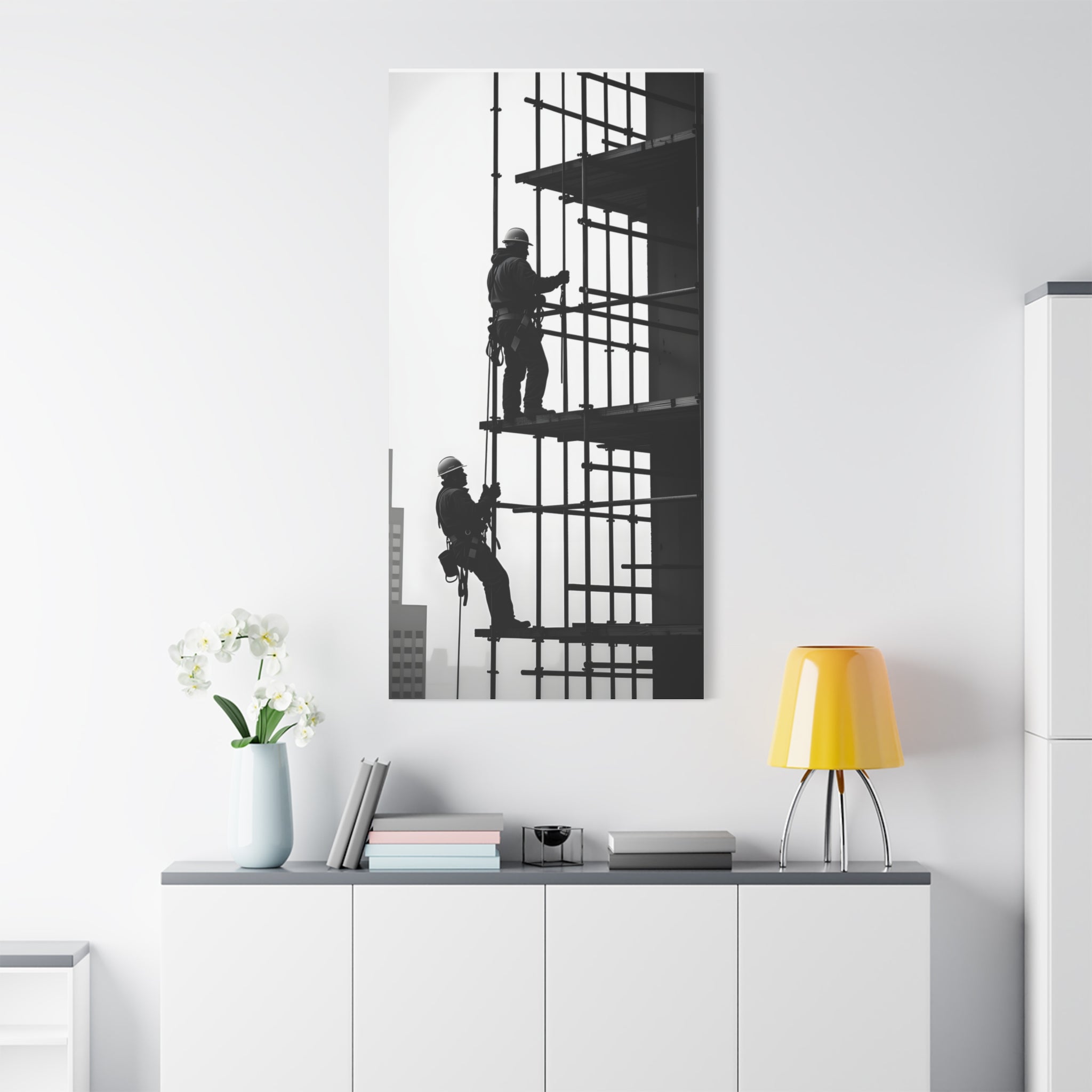Construction Workers on Scaffolding Matte Stretched Canvas Print