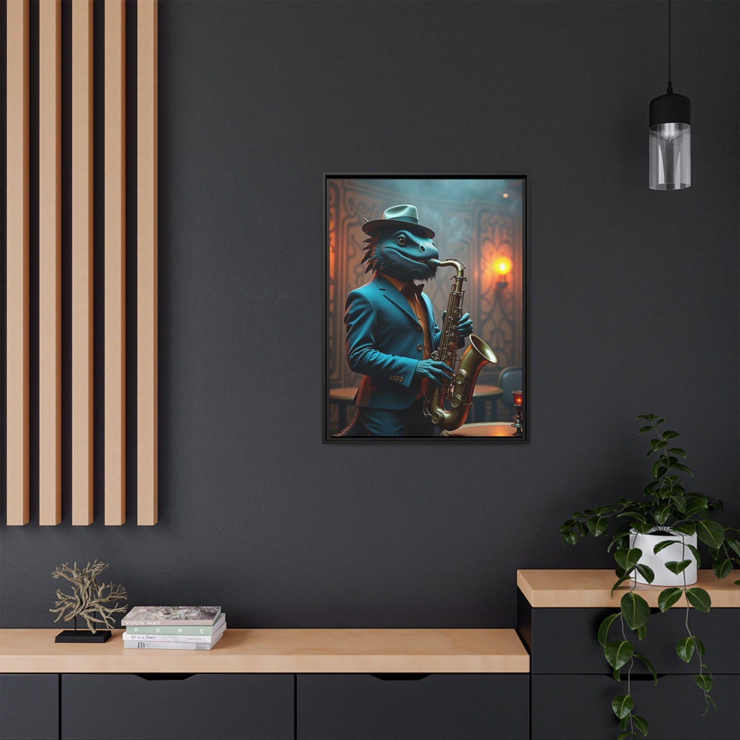 Bearded Dragon Playing the Saxophone Wall Artrt Print on Canvas, Framed (Multi-color)