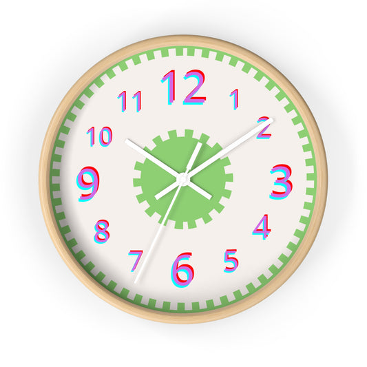 10" Round Kids Wall Clock, All Geared Up, in lime green with pink numbers