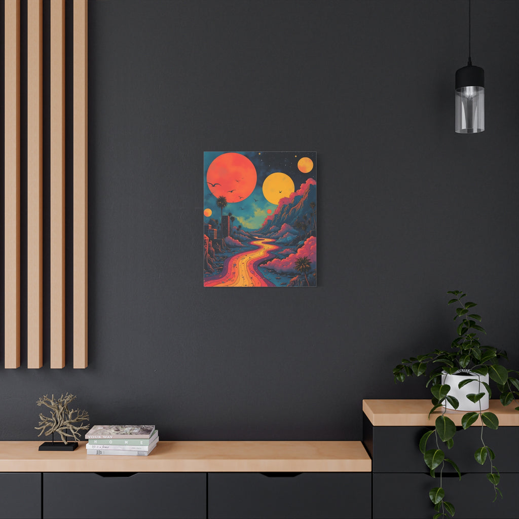 Psychedelic Sunset River Canvas Wall Art — Vibrant Retro Landscape Matte Stretched Print