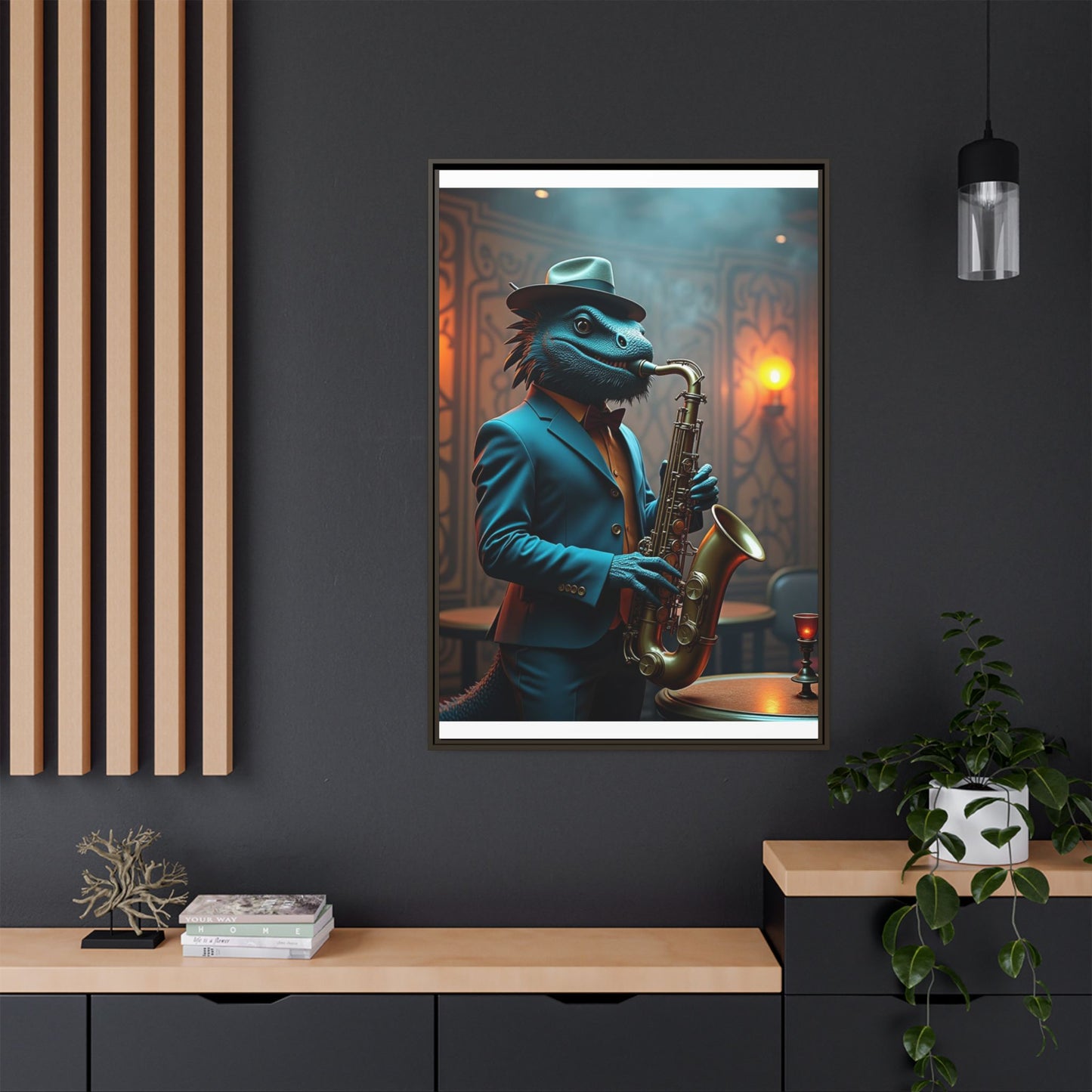 Bearded Dragon Playing the Saxophone Wall Artrt Print on Canvas, Framed (Multi-color)