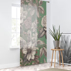 Floral Vintage Window Curtain – Green Botanical Drapes with Large Rose & Hibiscus Print
