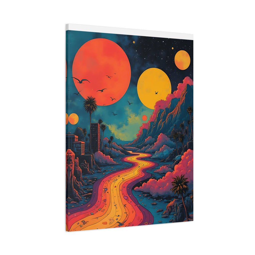Psychedelic Sunset River Canvas Wall Art — Vibrant Retro Landscape Matte Stretched Print