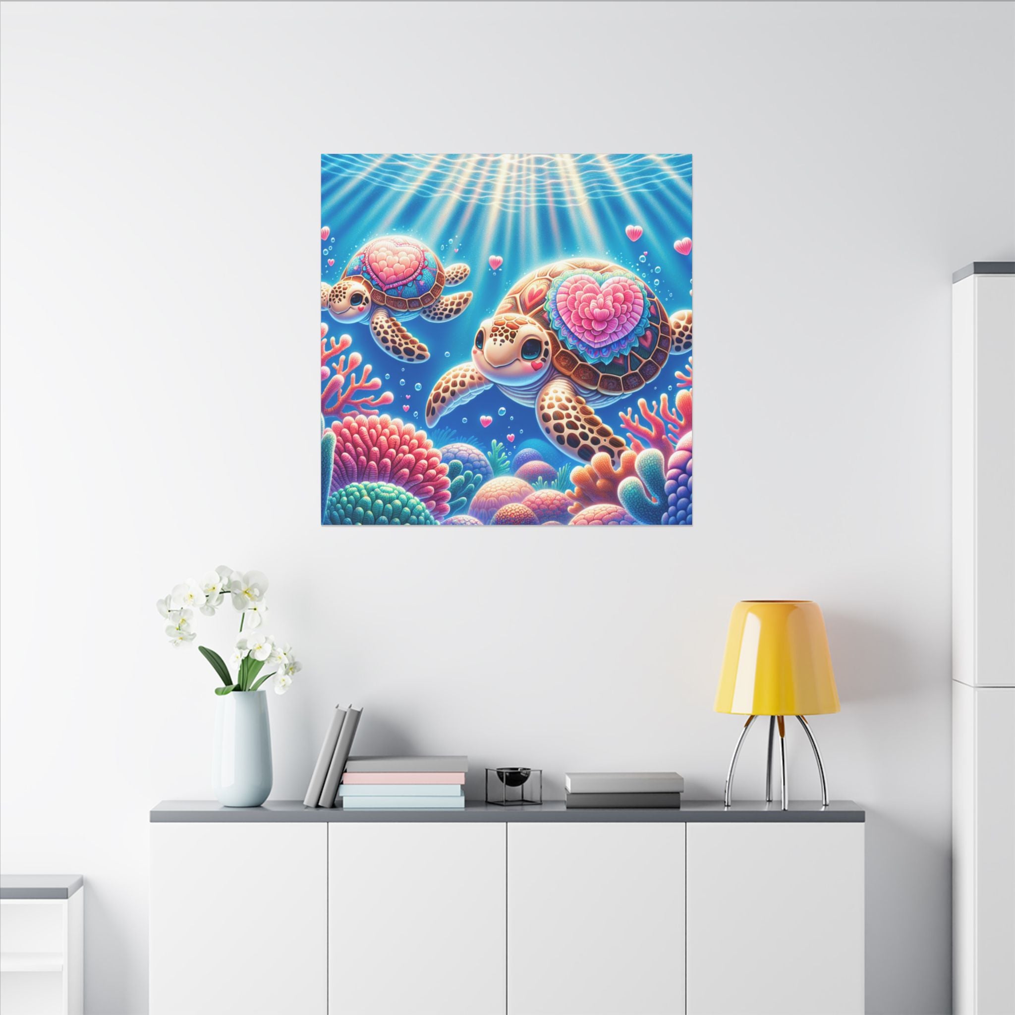 Sea Turtle Canvas Wall Art — Colorful Heart Shells Ocean Print