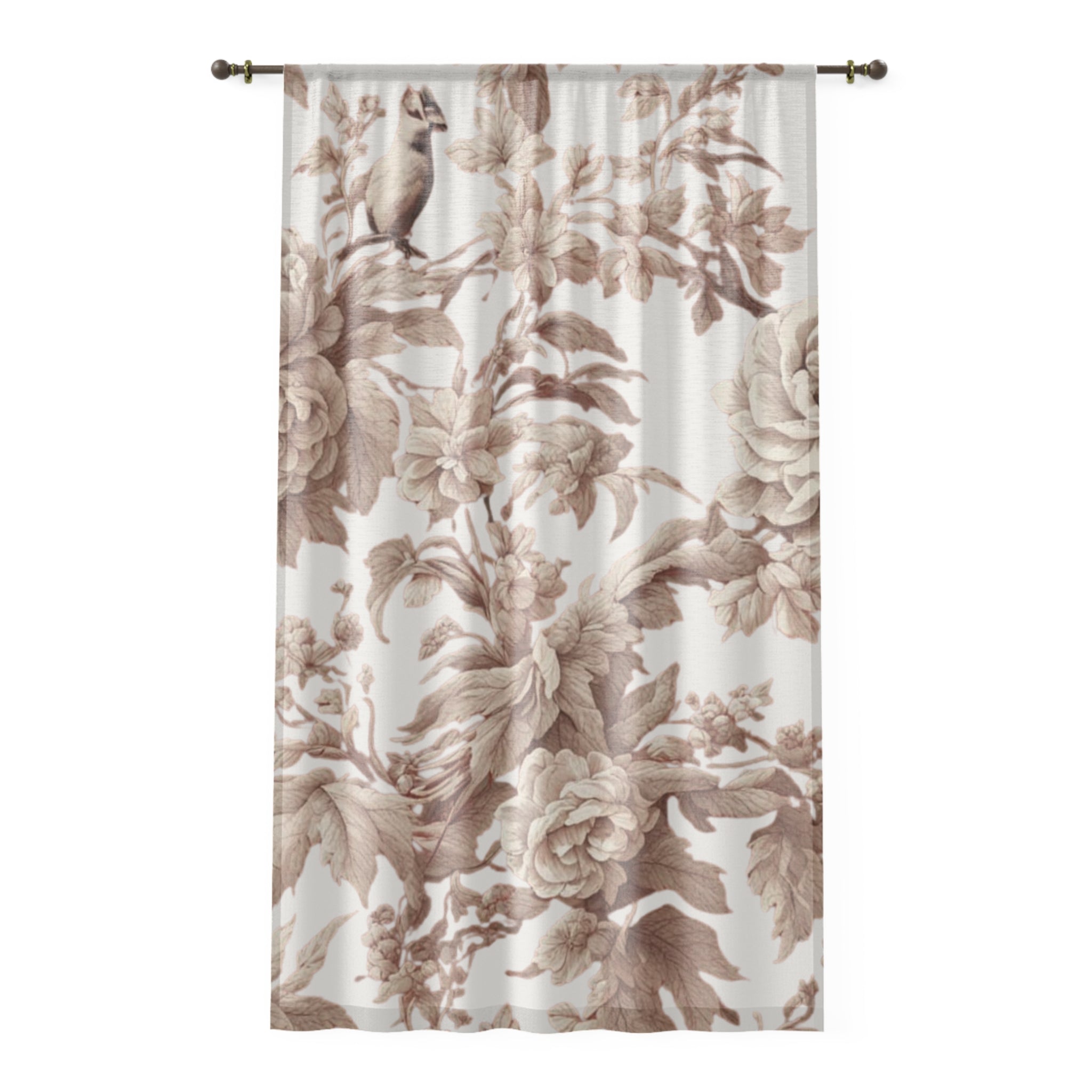Floral Sheer Window Curtain – Vintage Sepia Rose Print