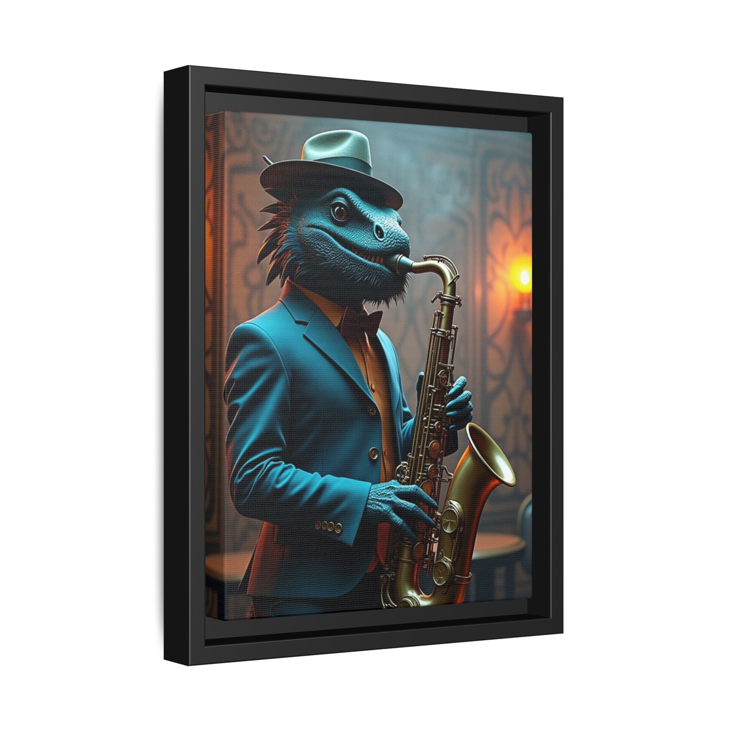 Bearded Dragon Playing the Saxophone Wall Artrt Print on Canvas, Framed (Multi-color)