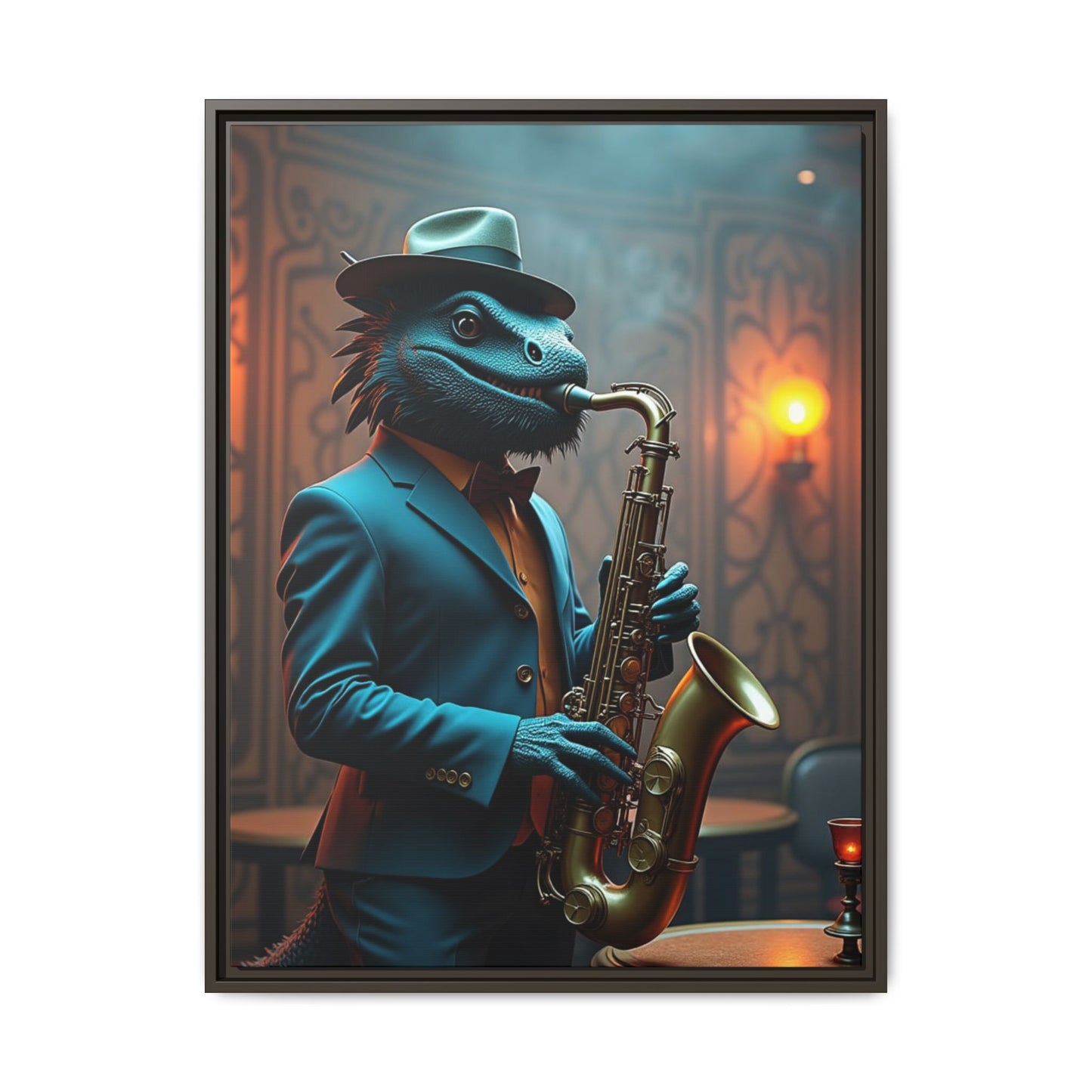 Bearded Dragon Playing the Saxophone Wall Artrt Print on Canvas, Framed (Multi-color)