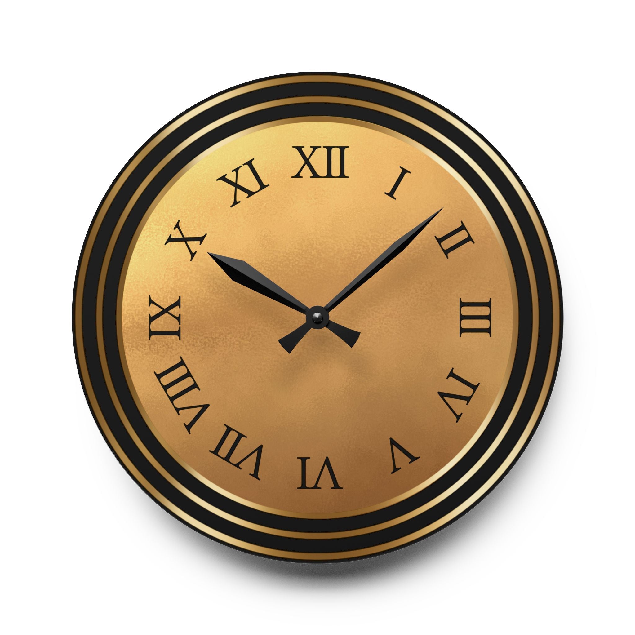Modern Acrylic Wall Clock, Roman Numerals, Black and Gold Metallic Print, Home Decor, Office Wall Art, Unique Gift, Decorative Clock
