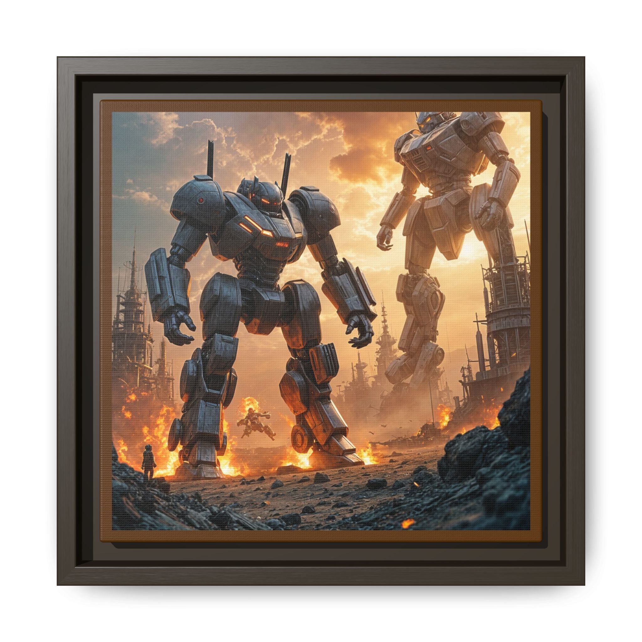 Framed Matte Canvas - Giant Mech Battle Scene Wall Art