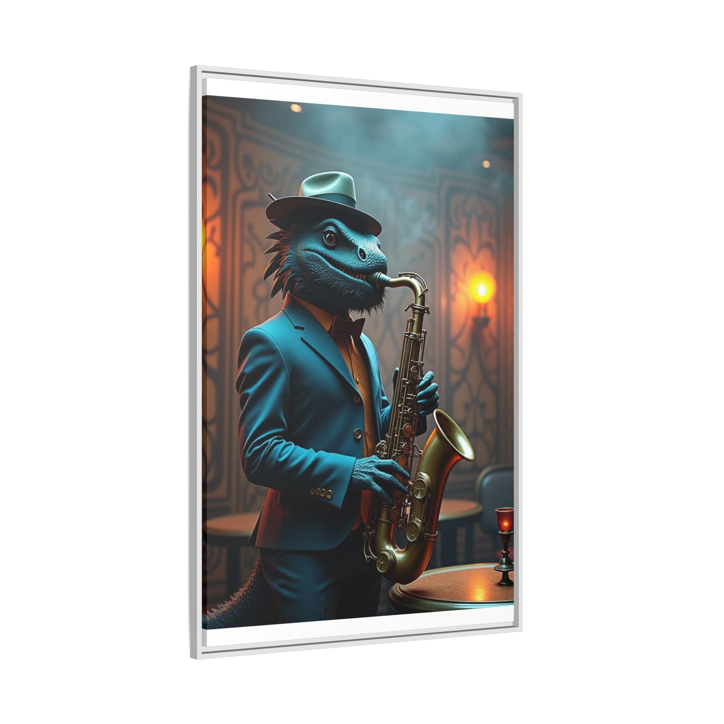 Bearded Dragon Playing the Saxophone Wall Artrt Print on Canvas, Framed (Multi-color)