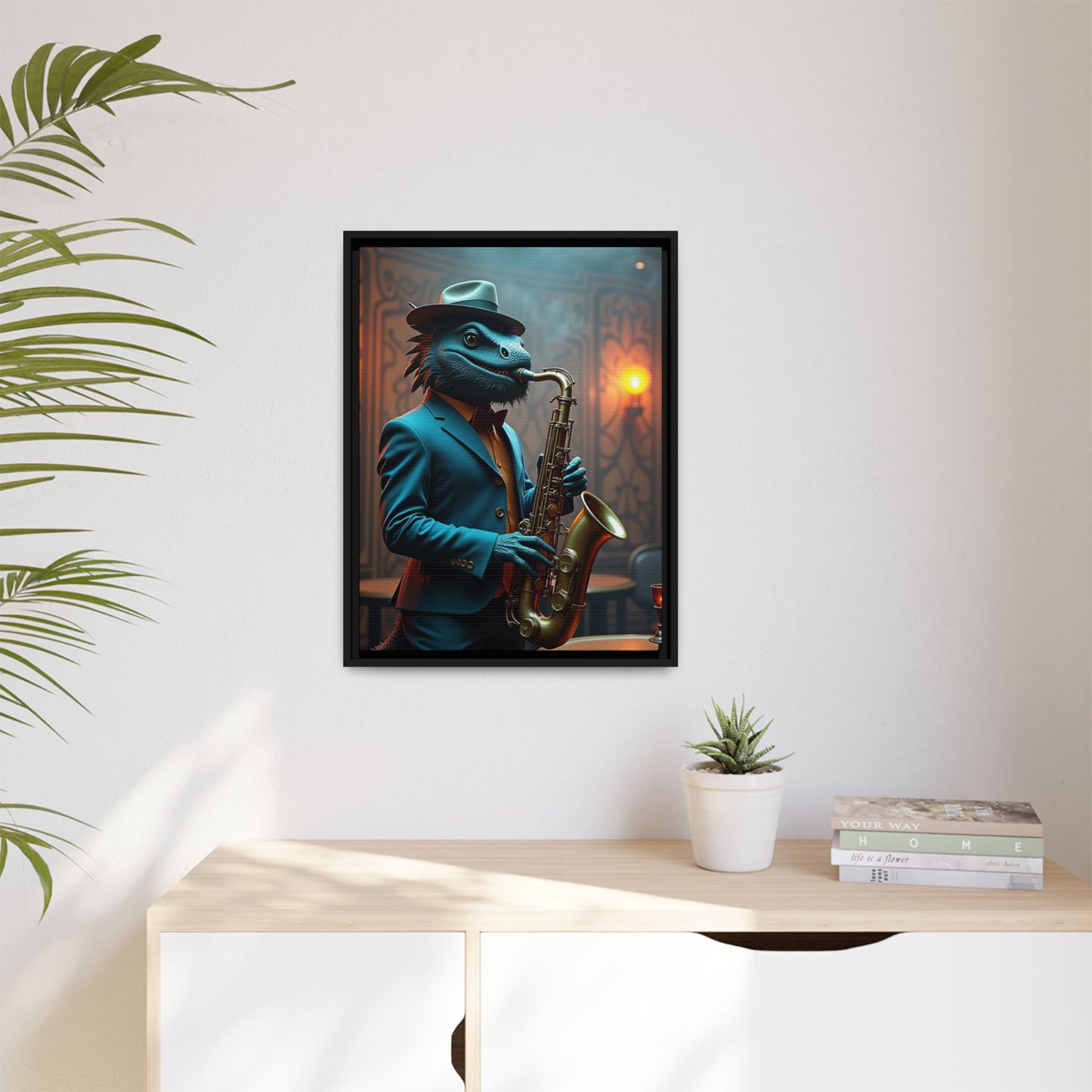 Bearded Dragon Playing the Saxophone Wall Artrt Print on Canvas, Framed (Multi-color)