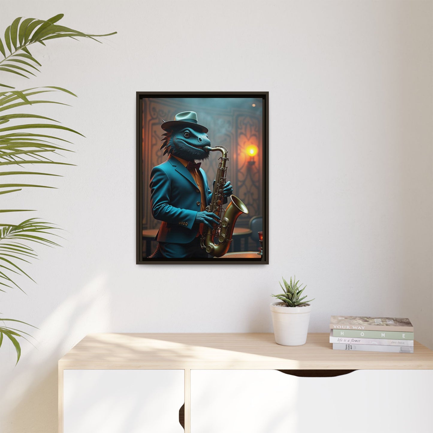 Bearded Dragon Playing the Saxophone Wall Artrt Print on Canvas, Framed (Multi-color)