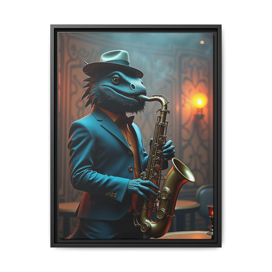 Bearded Dragon Playing the Saxophone Wall Artrt Print on Canvas, Framed (Multi-color)