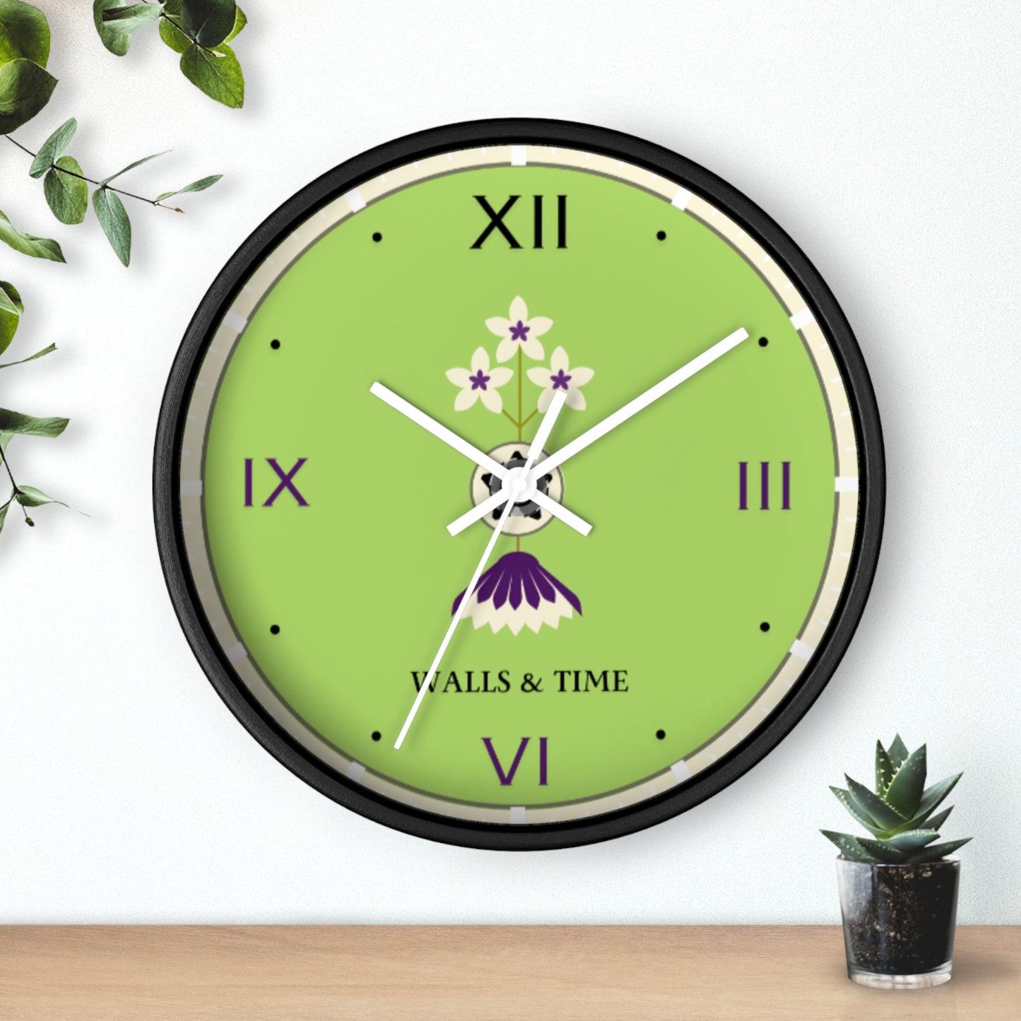 Decorative Silent Wall Clock, Light Green, Floral