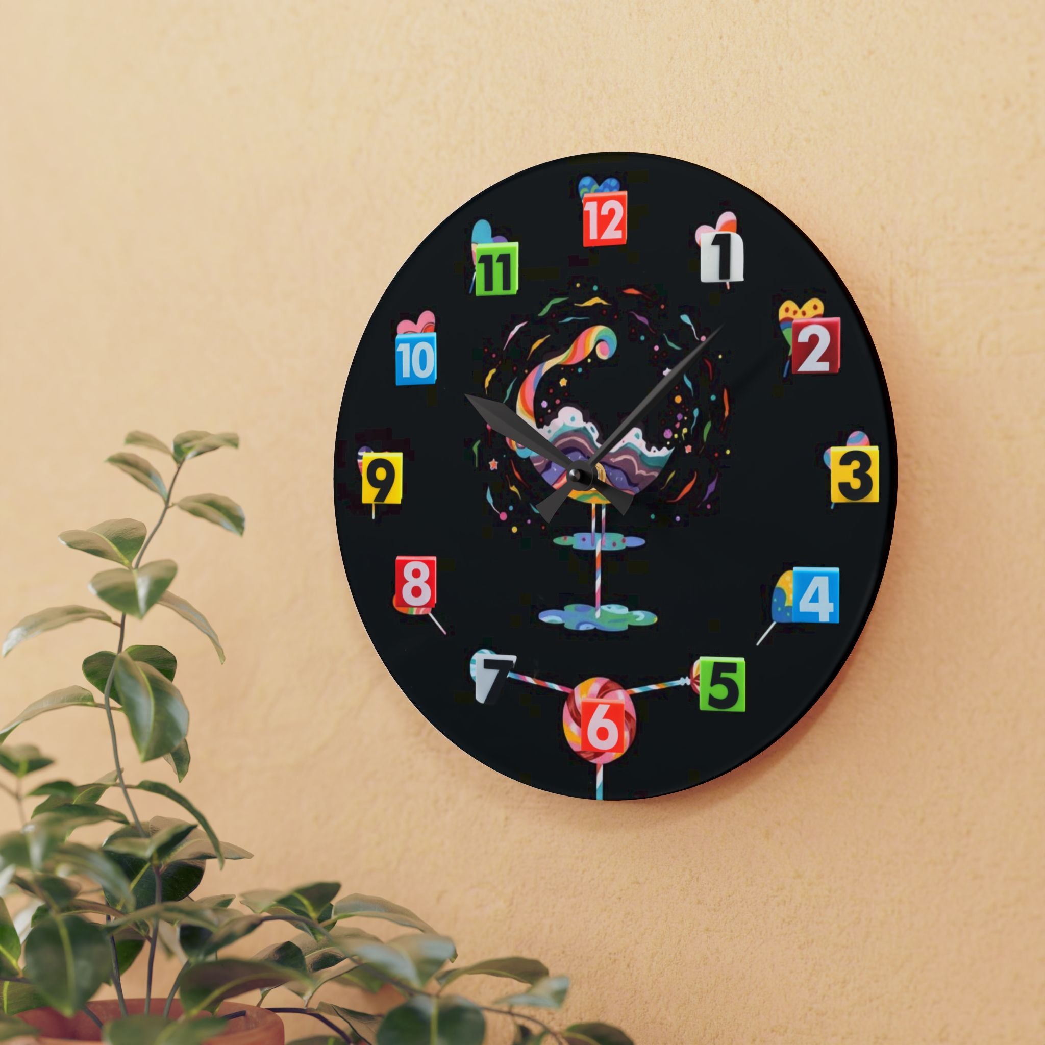 Cosmic Splash Acrylic Wall Clock — Colorful Numbered Modern Art Clock