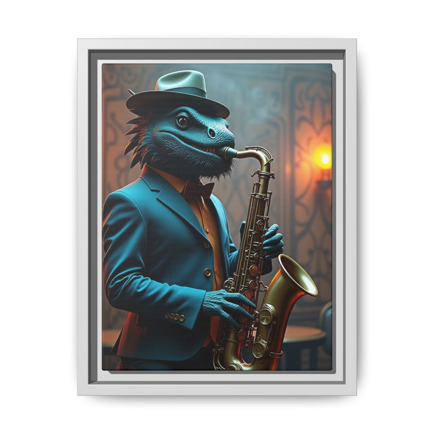 Bearded Dragon Playing the Saxophone Wall Artrt Print on Canvas, Framed (Multi-color)