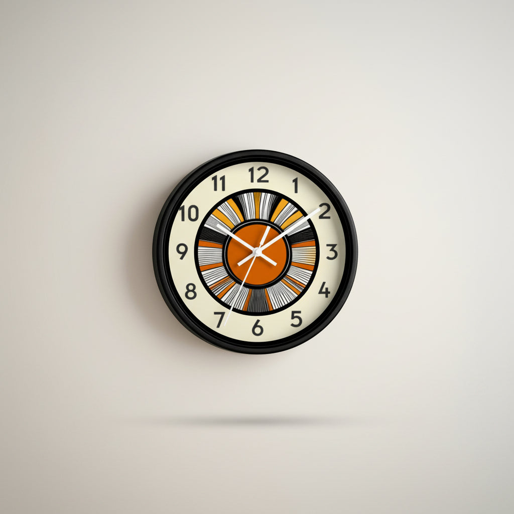 Round wall clock with a black, orange, and white design on a white background