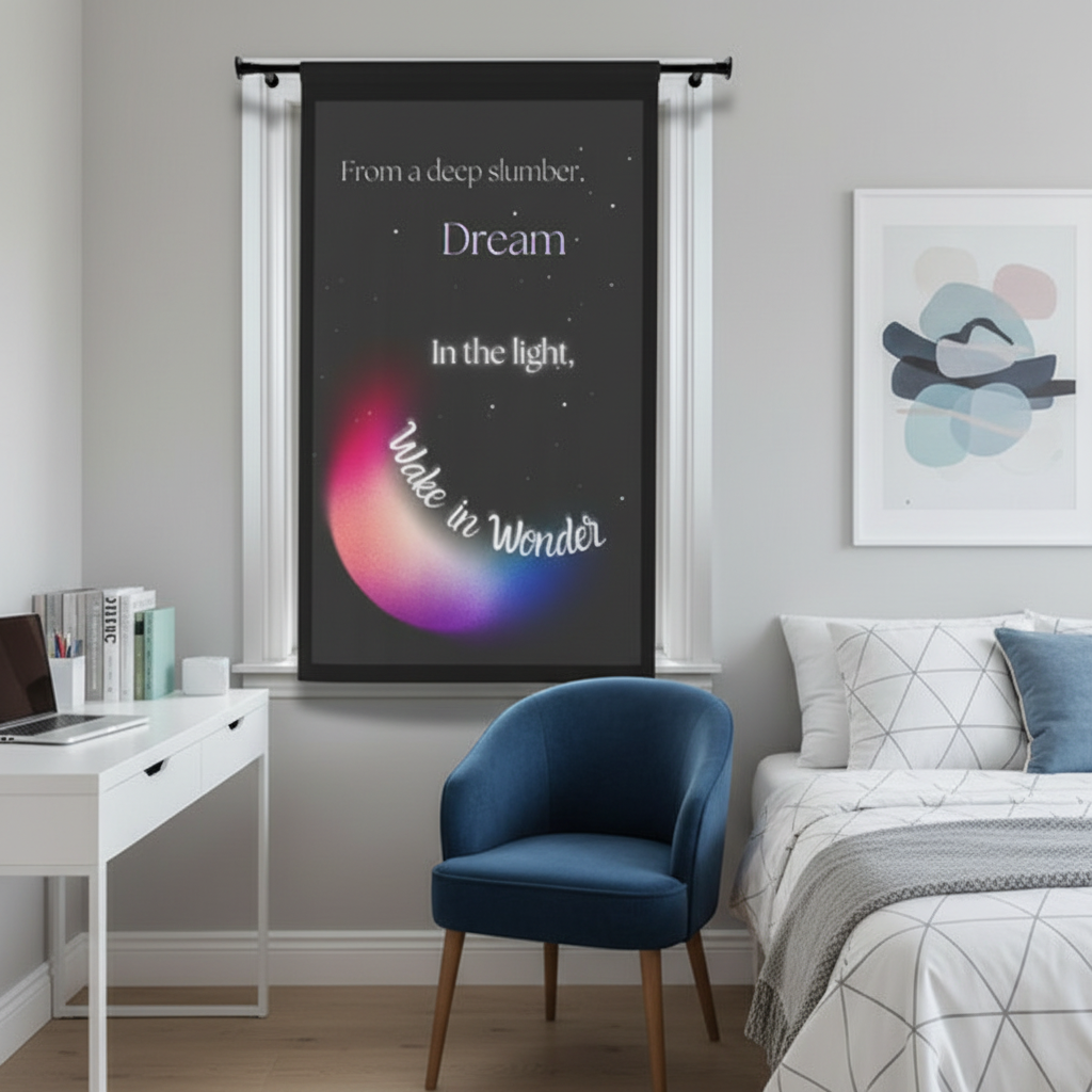 Decorative wall hanging with motivational quote and colorful moon design on a light purple wall.