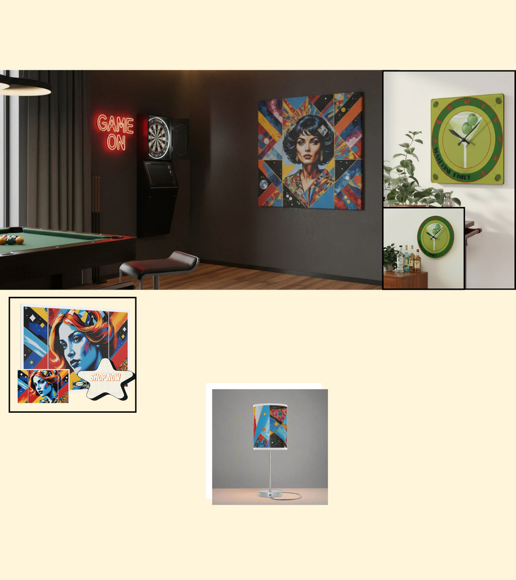 Room interior with wall art, neon sign, and decorative items.