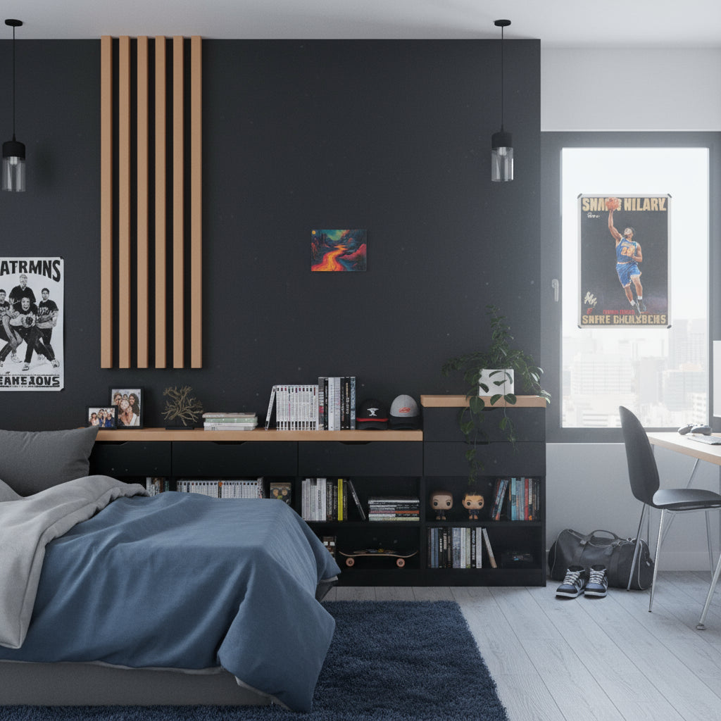 Modern bedroom with dark walls, a bed, bookshelf, and posters. Subject of the photo is the small canvas in the middle of the wall. 