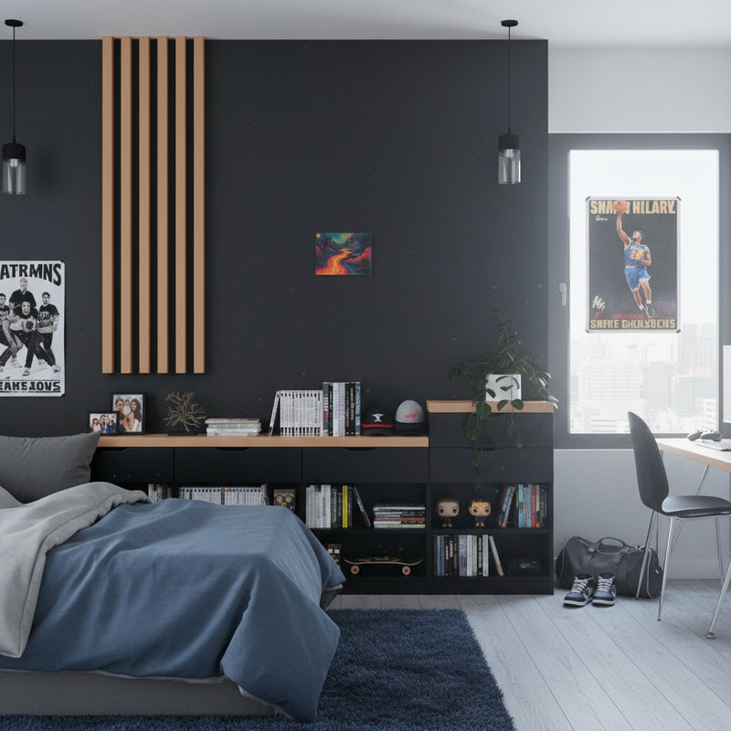 Modern bedroom with dark walls, a bed, bookshelf, and posters. Subject of the photo is the small canvas in the middle of the wall. 