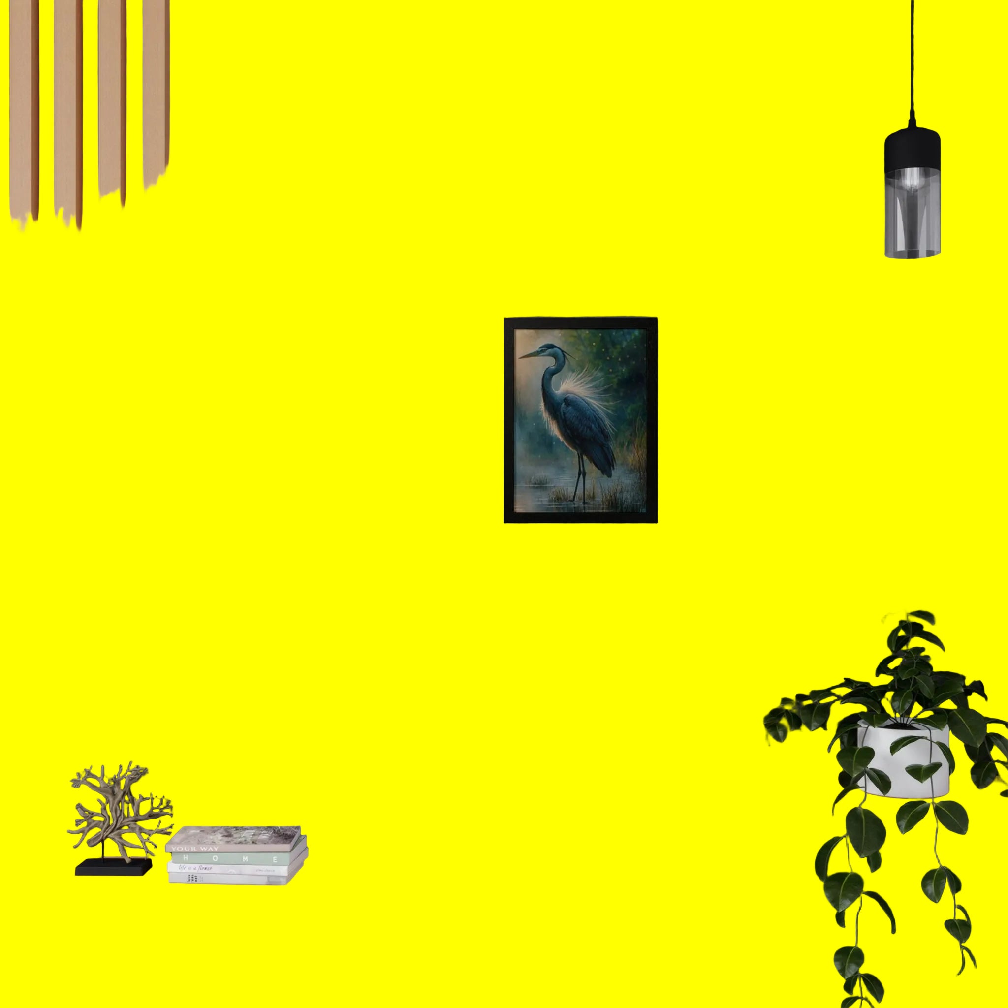 Framed artwork of a heron on a dark wall with wooden shelves and a plant.