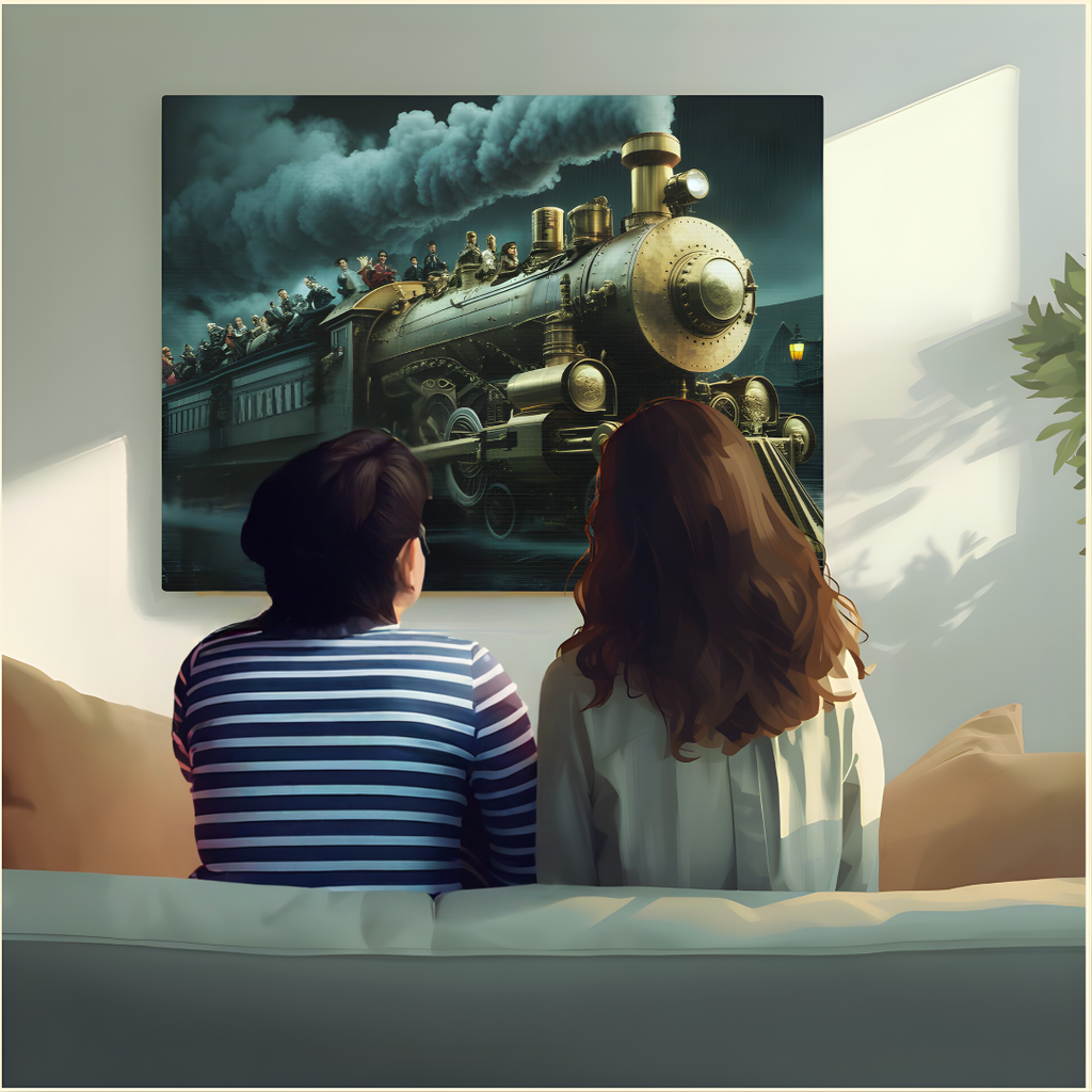 Two people sitting on a couch looking at a large painting of a steam locomotive.