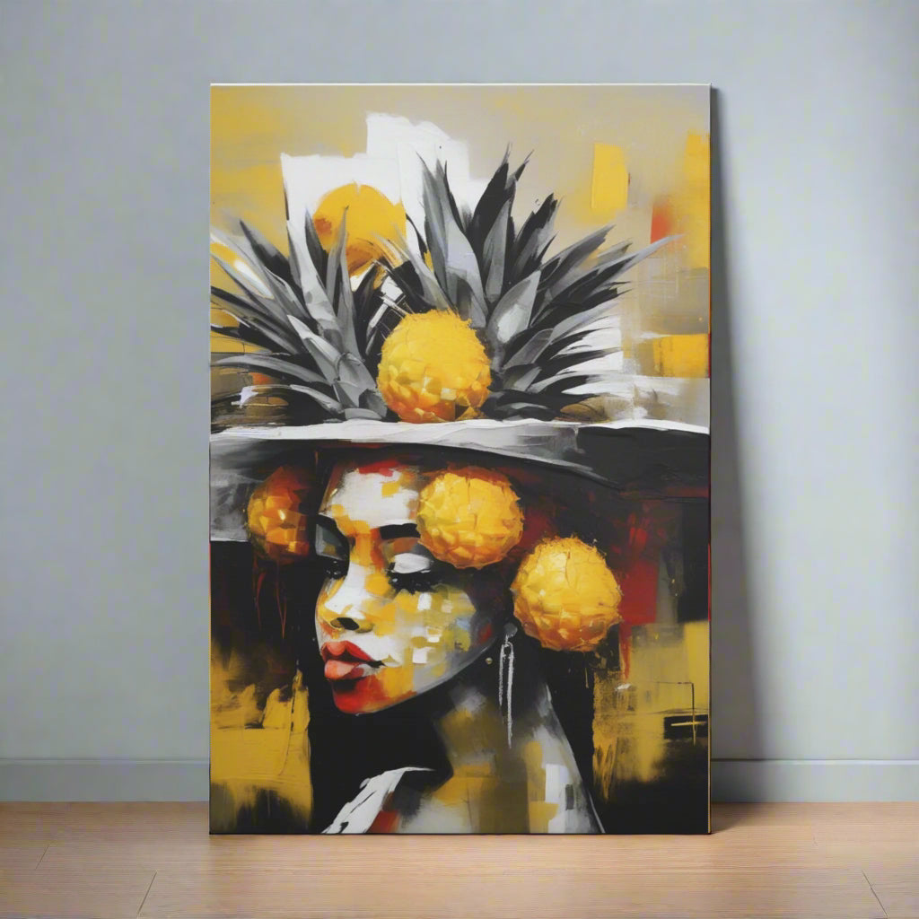Abstract painting of a person with pineapples on their head against a colorful background