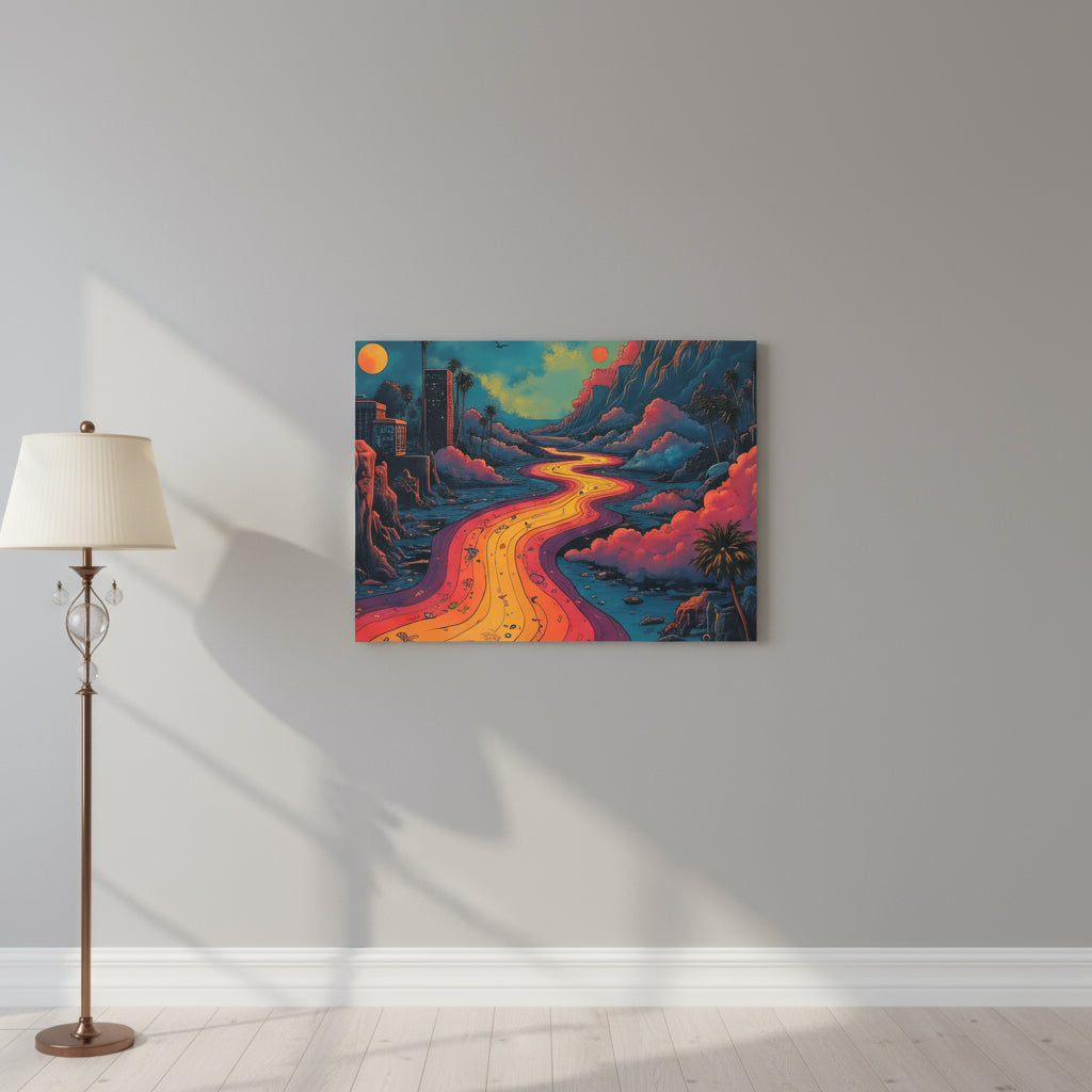 Colorful illustration of a winding road through a fantastical landscape with buildings and palm trees.