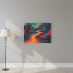 Colorful illustration of a winding road through a fantastical landscape with buildings and palm trees.