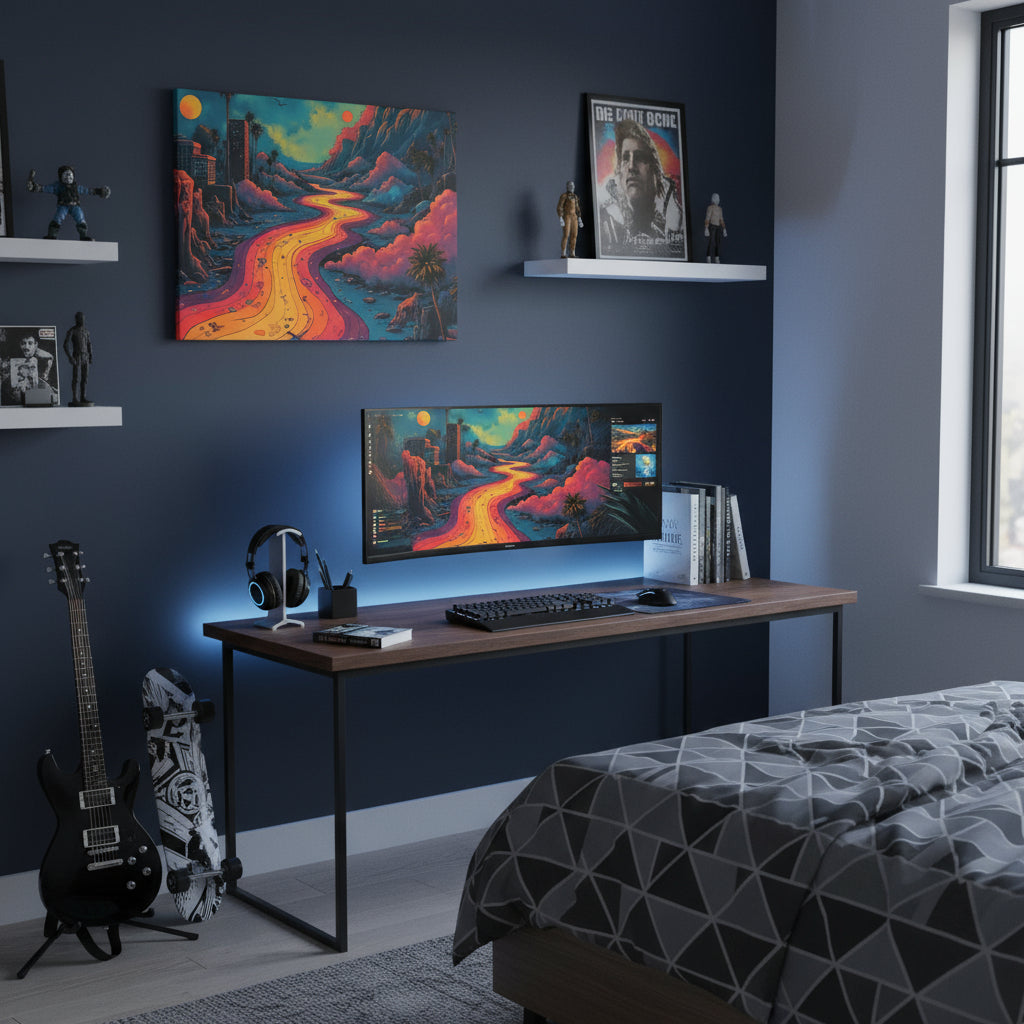 Colorful landscape with a winding road, palm trees, and a futuristic city.