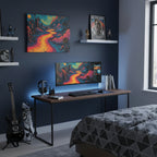 Colorful landscape with a winding road, palm trees, and a futuristic city.