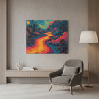 Colorful landscape with a winding road, palm trees, and a futuristic cityscape.