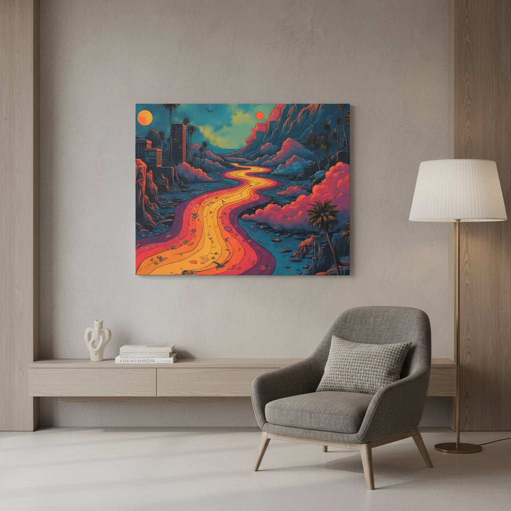 Colorful landscape with a winding road, palm trees, and a futuristic cityscape.