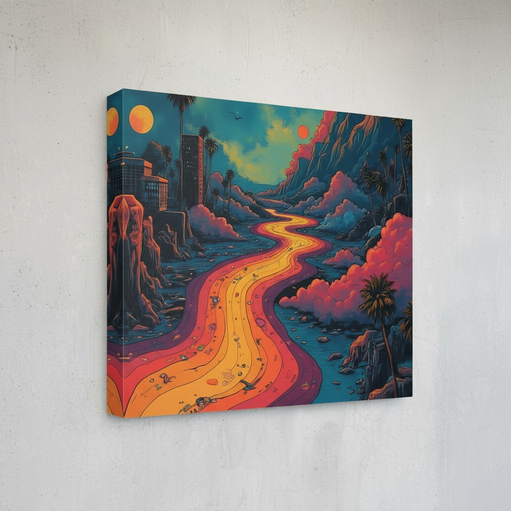 Colorful abstract landscape with a winding road, buildings, and palm trees.