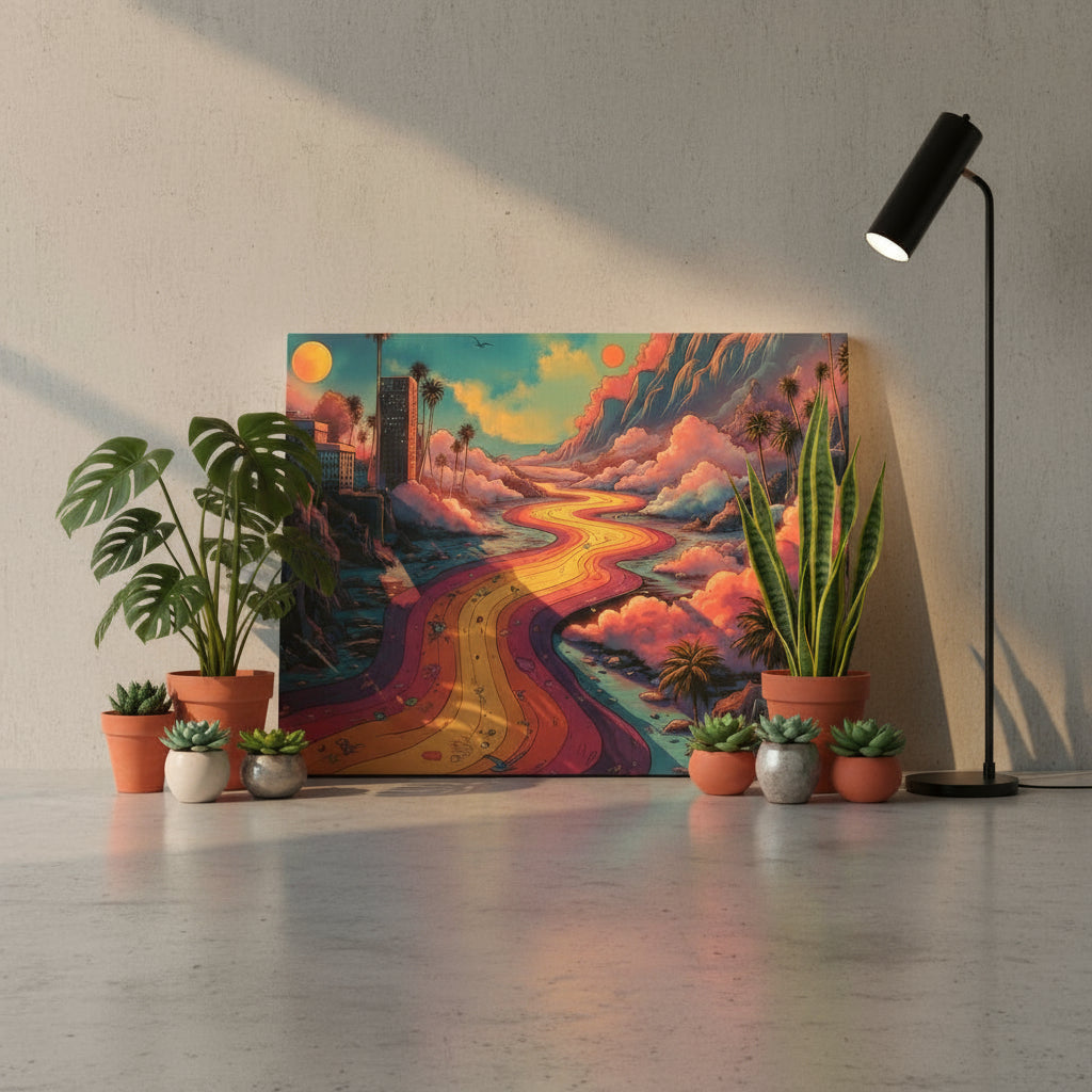 Colorful abstract painting of a futuristic cityscape with a winding road on a textured wall.