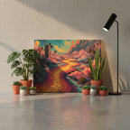 Colorful abstract painting of a futuristic cityscape with a winding road on a textured wall.