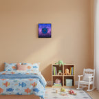 Square wall clock with turtle design on a gradient blue to purple background, mounted on a beige wall with a plant in the foreground.