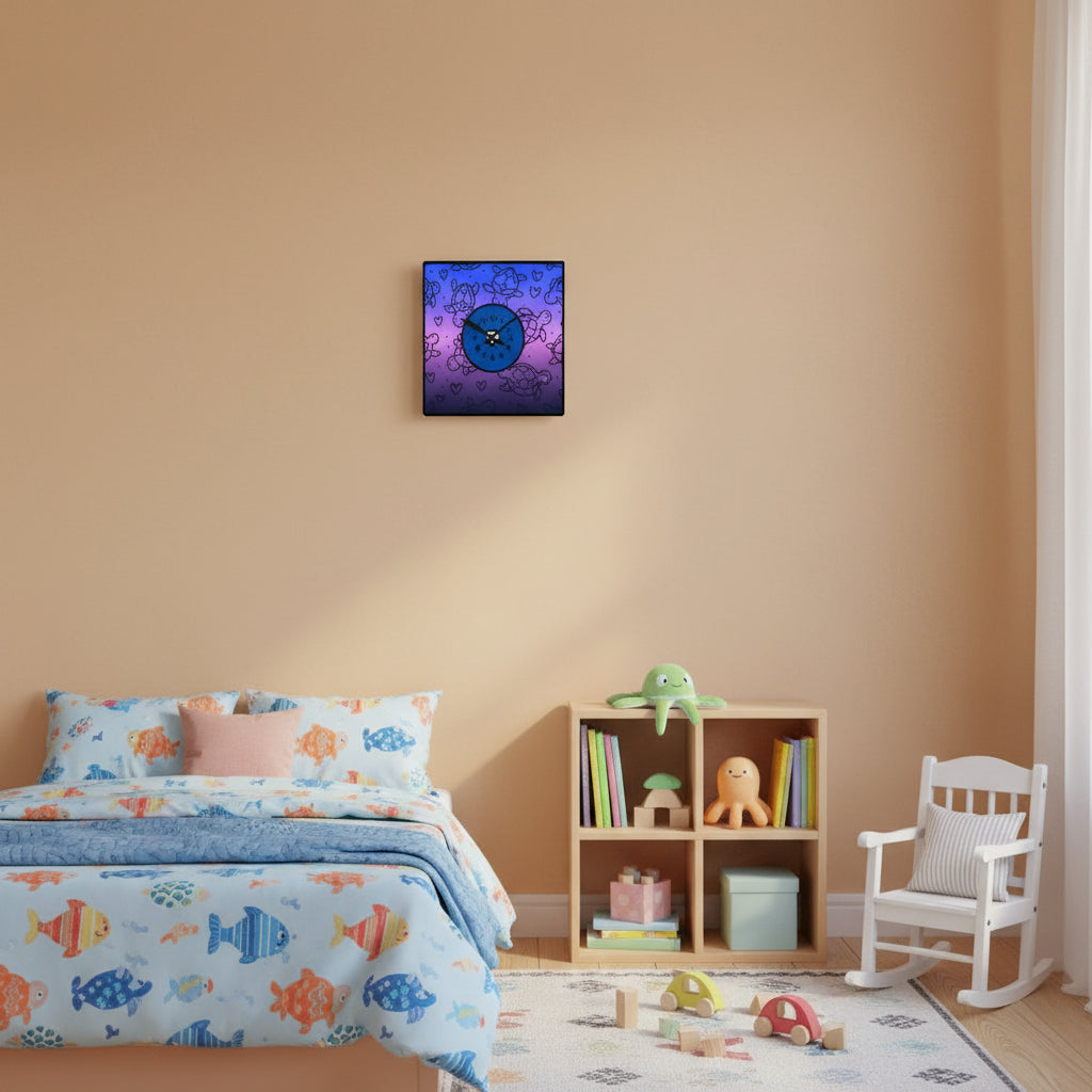 Square wall clock with turtle design on a gradient blue to purple background, mounted on a beige wall with a plant in the foreground.
