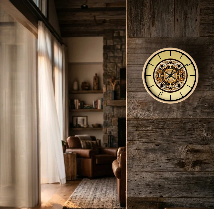 A round wall clock with a cream face and ornate gold-toned inner detailing, mounted on a rustic dark wood-paneled wall in a cozy living room setting.