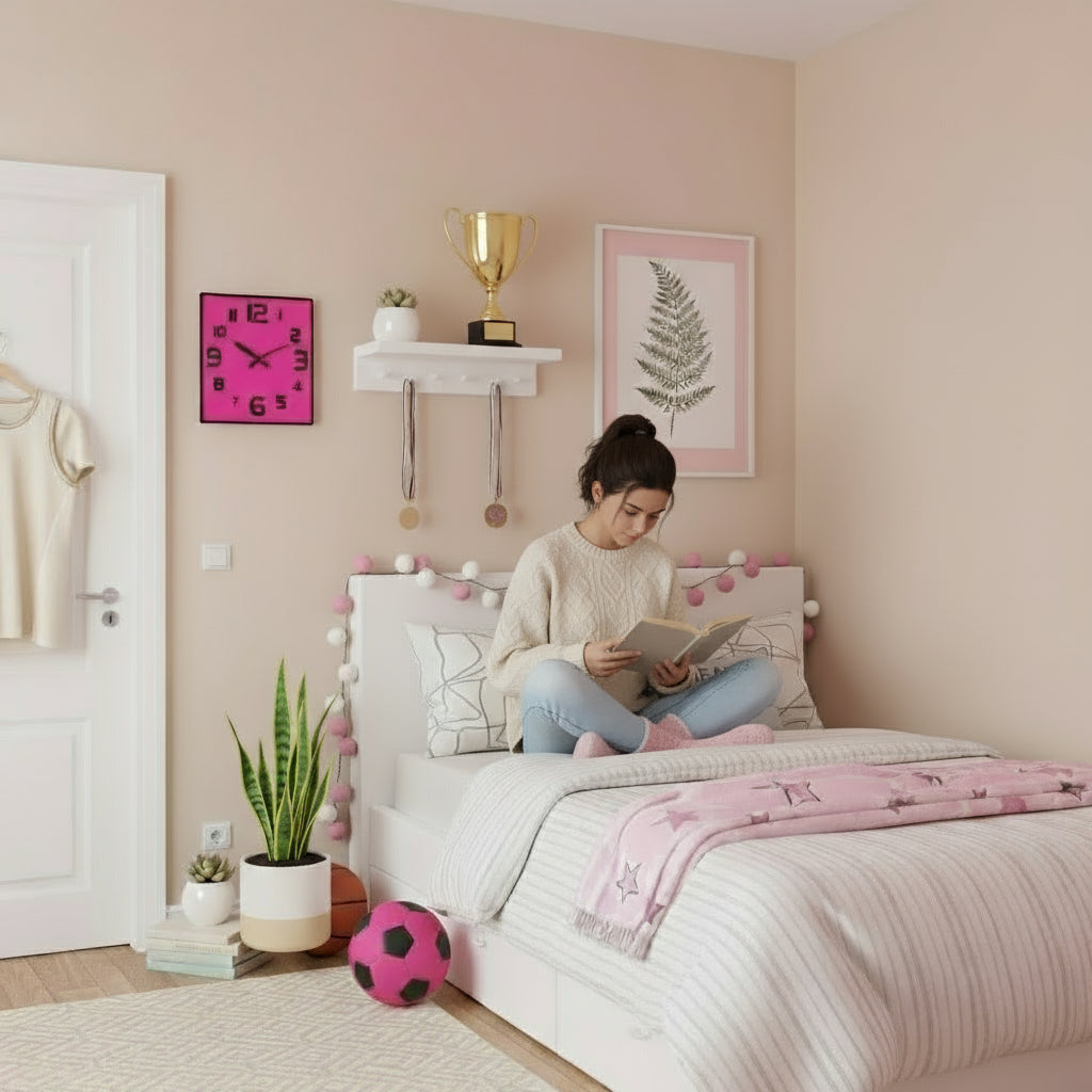 Pink wall clock with black numbers and hands on a beige wall, next to a plant.