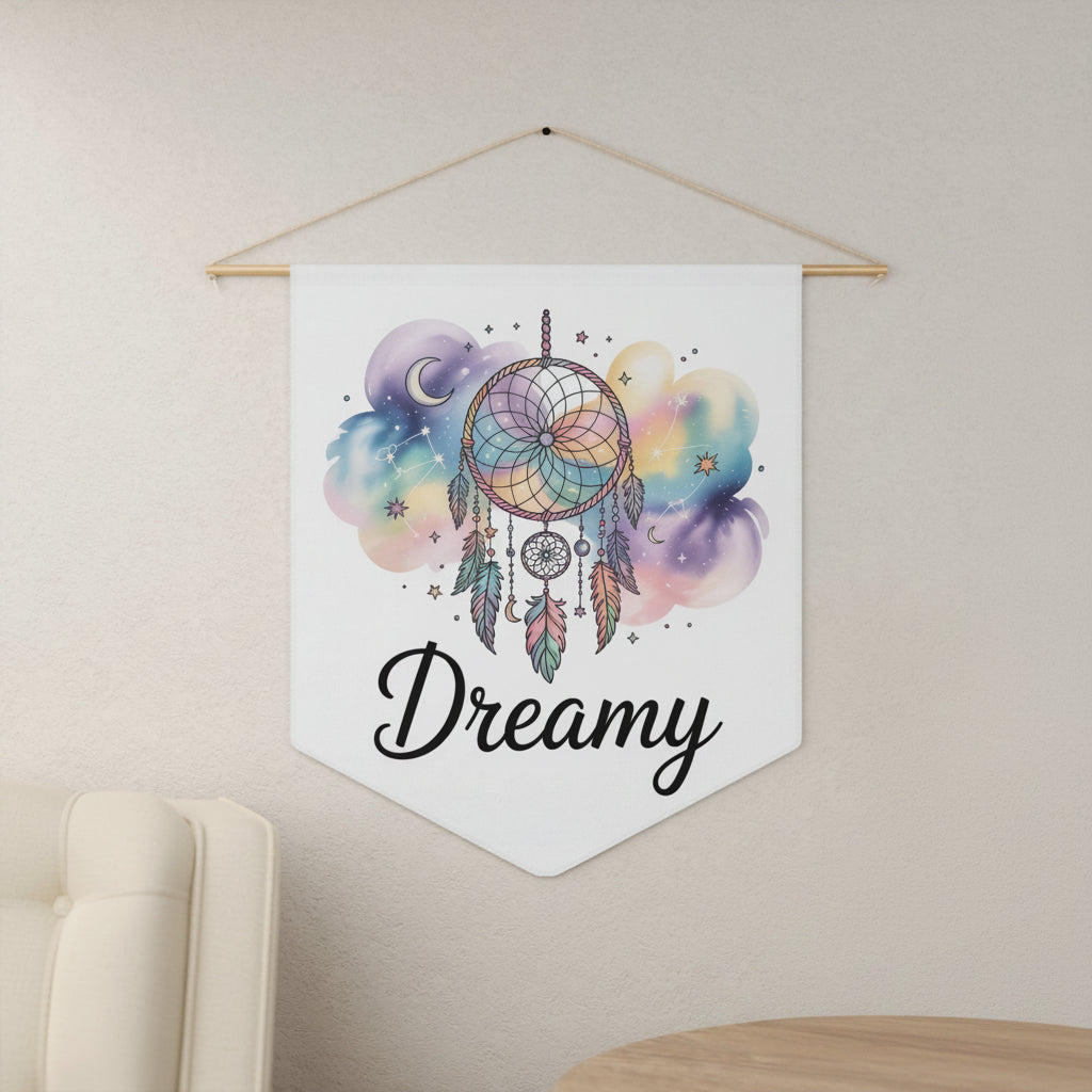Decorative wall hanging with a dreamcatcher design and 'Dreamy' text, hanging on a wall.