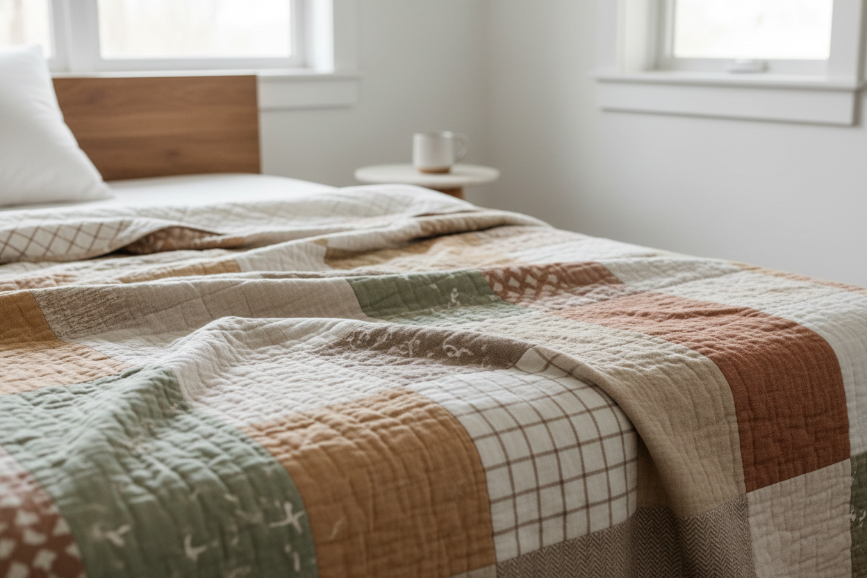a patchwork quilt in neutral fall colors