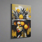 A vertically oriented canvas print featuring an abstracted depiction of a figure with a hat, predominantly in black and yellow tones with accents of gold.