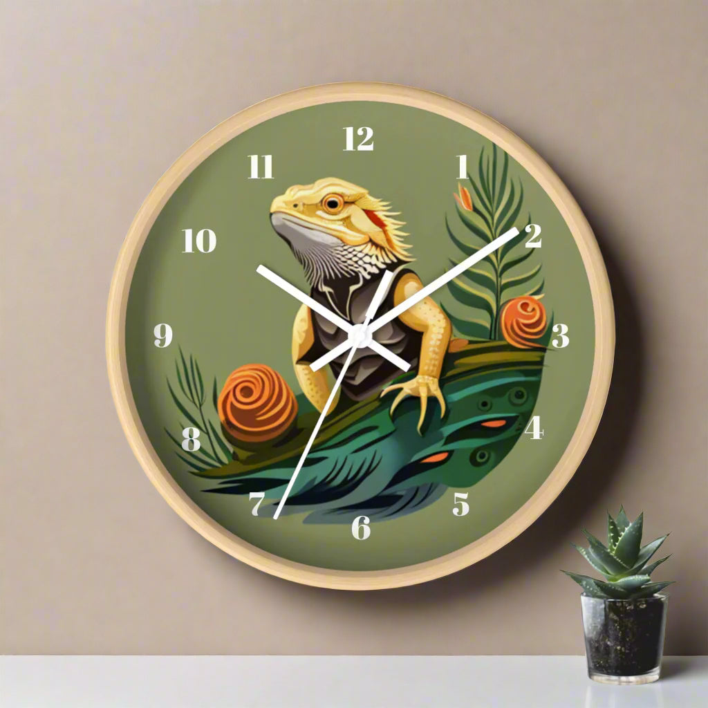 decorative clock with bearded dragon artwork, analog, numerals